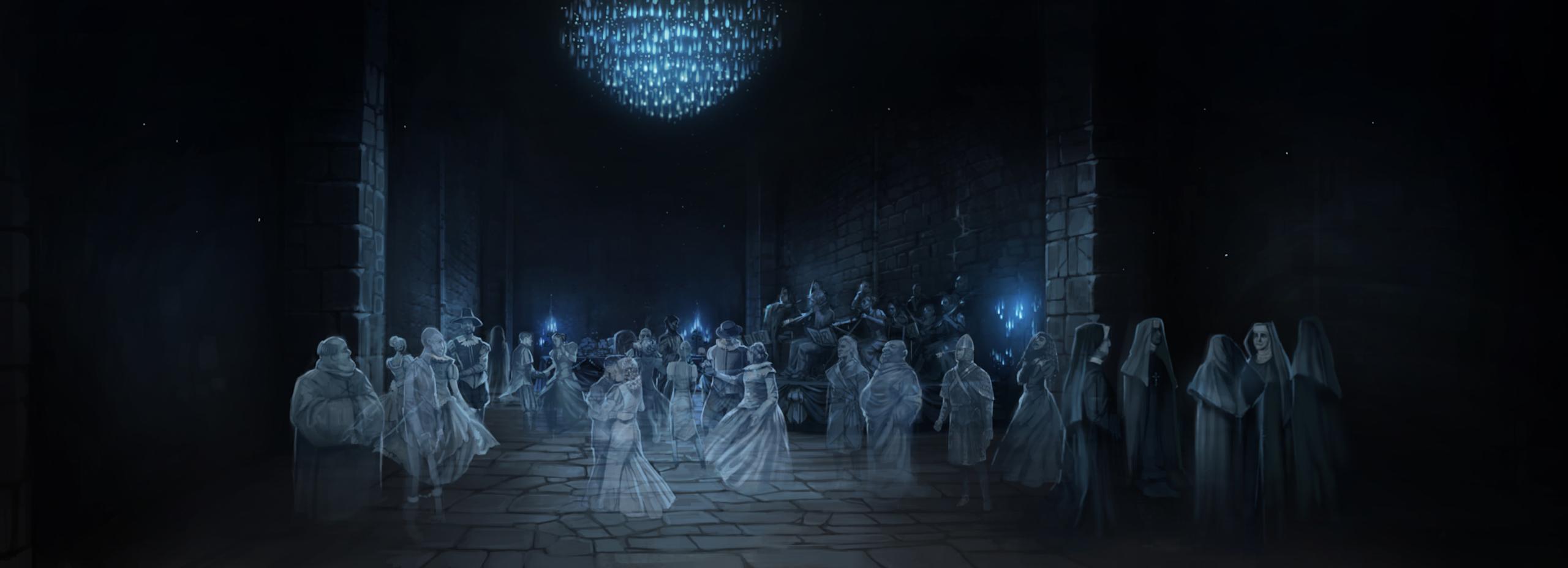 Guests dancing at Nearly Headless Nick's deathday party 