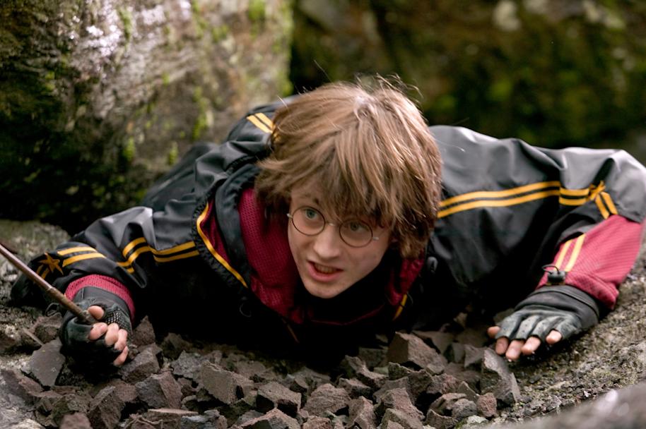 Harry holding his wand in the first task of the Triwizard Tournament