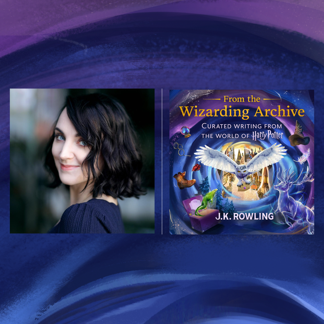 Full colour cover of From the Wizarding Archives, complete with magical artwork and Hedwig the snowy owl and image of narrator, Evanna Lynch