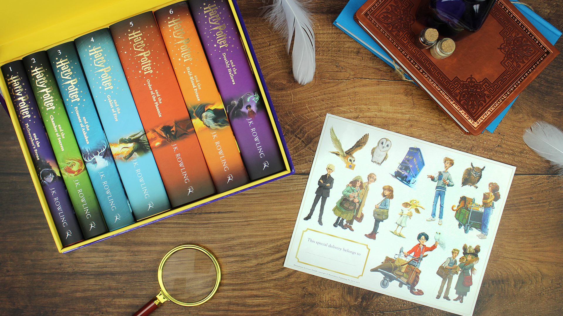 A Harry Potter book box-set on a table, complete with colourful stickers, from UK publisher Bloomsbury