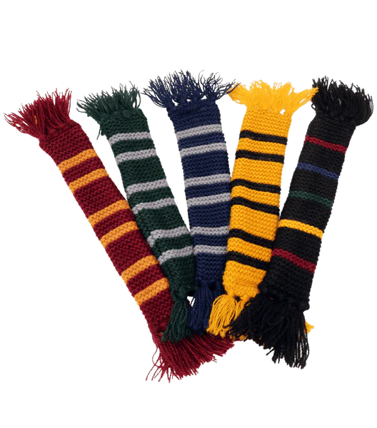 Miniature bookmarks in the style of Harry Potter Hogwarts house scarves in four colours